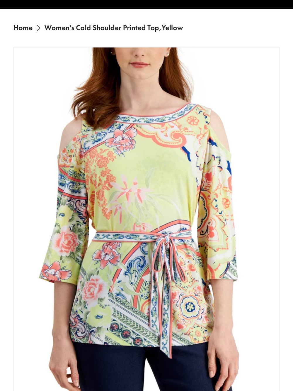 JM Collection Yellow Cold-Shoulder Printed Blouse with Tie Waist